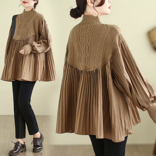 Real Shot of 2024 New Autum Loose Slimming Look Plus Size Women's Knitted Splicing Loose Slimming Look Shirt Shirt