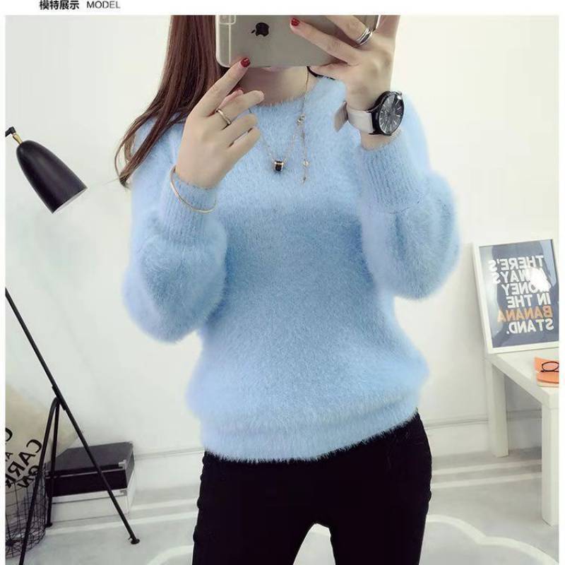 women's knitted bottoming shirt mohair thick warm round neck pullover sweater