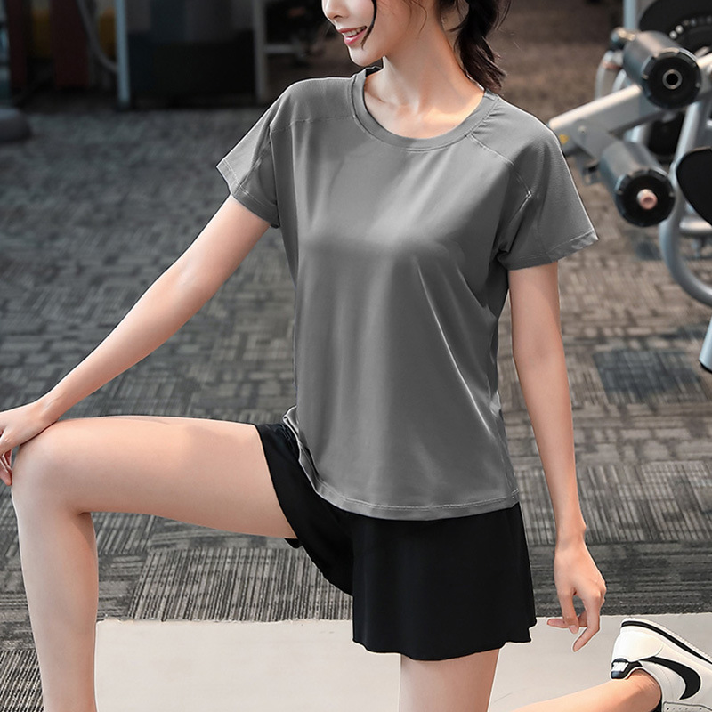 速干健身服套装女夏季薄款宽松上衣健身房运动T恤假两件瑜伽裙裤|undefined
