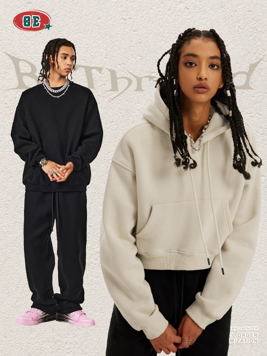 BE ropa de invierno 2025 marca de moda americana pesada sólida camiseta de cuello redondo hombre suelto casual con camiseta encapuchada mujer image 5