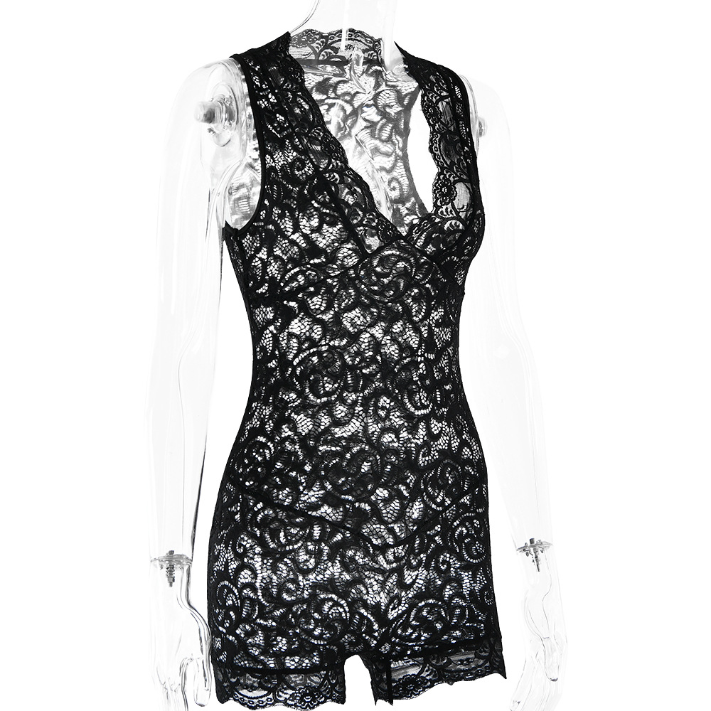 Lace See Through V Neck Jumpsuit Women Sexy Sexy Bottoming Shirt Spring