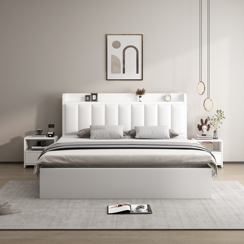 White Solid Wooden Bed Box Bed Modern Simple Soft Bag Backrest Bed Board Encryption Internet Celebrity Guest Room Bed