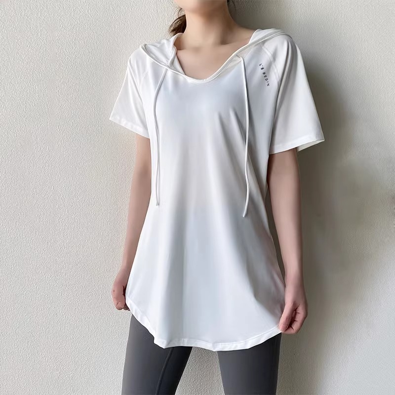 2024春夏寬鬆顯瘦遮臀中長款運動短袖T恤女連帽跳操健身瑜伽罩衫