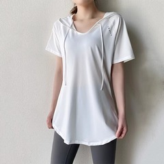 Loose and Slimming Hip-Hiding Medium-Length Spring and Summer Women's Hooded Exercise Short-Sleeve T-Shirt for Fitness and Yoga