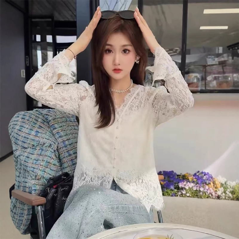 This Year's Trendy Design V-Neck Lace Embroidered Shirt for Women, 2026 Spring Fashion Stylish Base Shirt Top This Year's Trendy Design V-Neck Lace Embroidered Shirt for Women, 2026 Spring Fashion Stylish Base Shirt Top