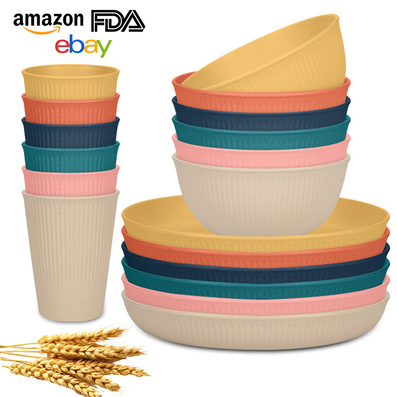 Cross-Border Hot Selling Wheat Straw Dinner Plate Salad Bowl Cup 18-Piece Set Household Vertical Pattern Plate Bowl Cup Tableware Set