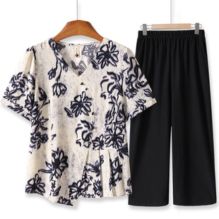 2025 New Style Fashionable Middle-Aged and Elderly Women's Fashion Two-Piece Set Fashionable Mother's Summer Top Suit