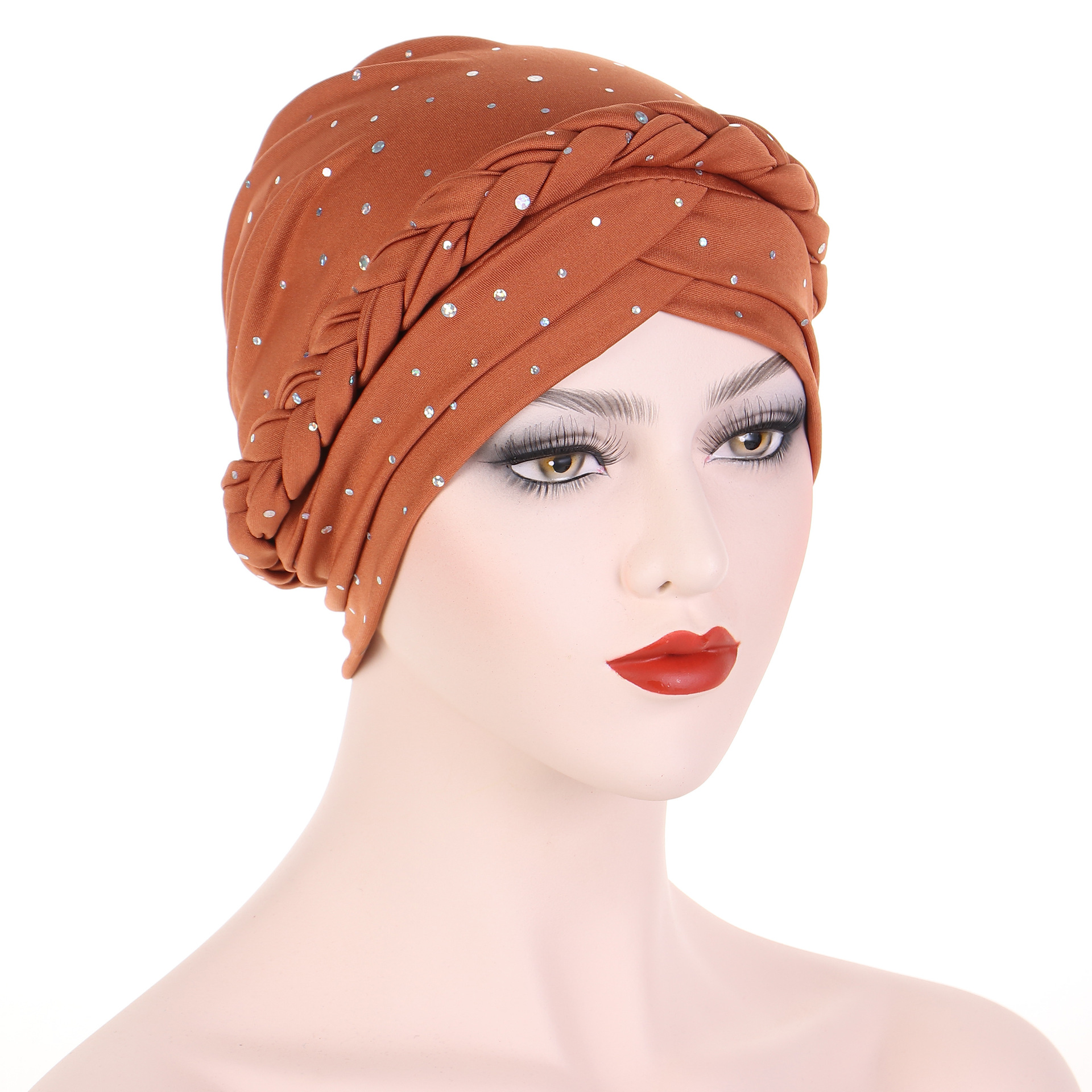 Neuer mehrfarbiger Turban-Hut mit Pailletten, einfarbig, muslimischer kleiner Hut, geflochtener Baotou-Hut_voghion.com