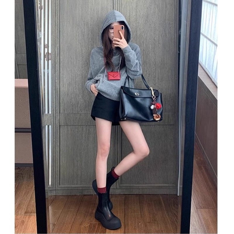 现货~内增高6cm真皮厚底切尔西靴女2025秋黑色短靴百搭圆头马丁靴|undefined