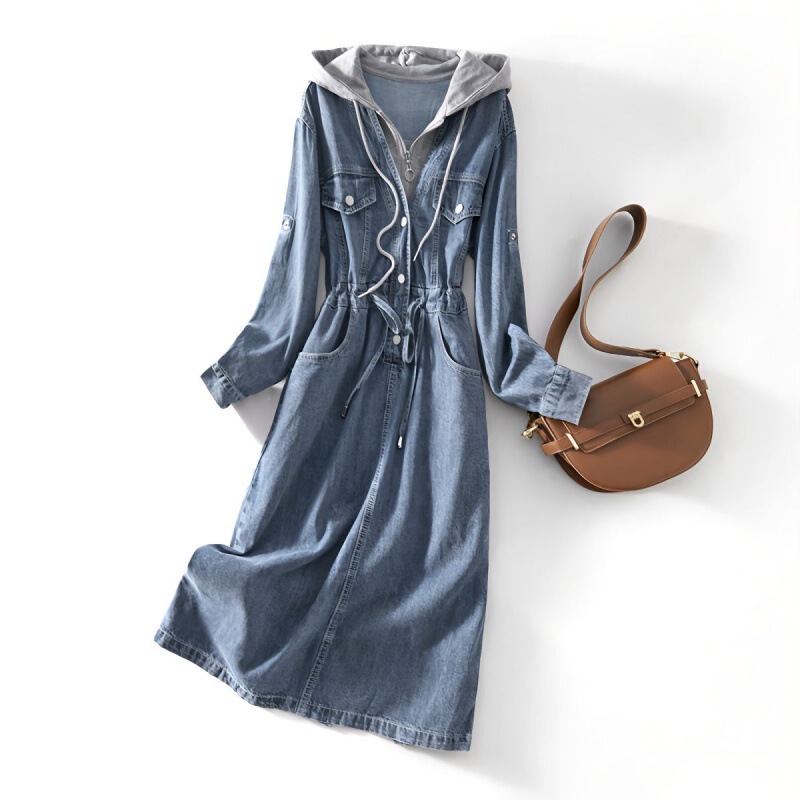 Elegant all-match long sleeve fake two-piece sweater stitching Denim dress 2024 autumn new fashion casual denim skirt