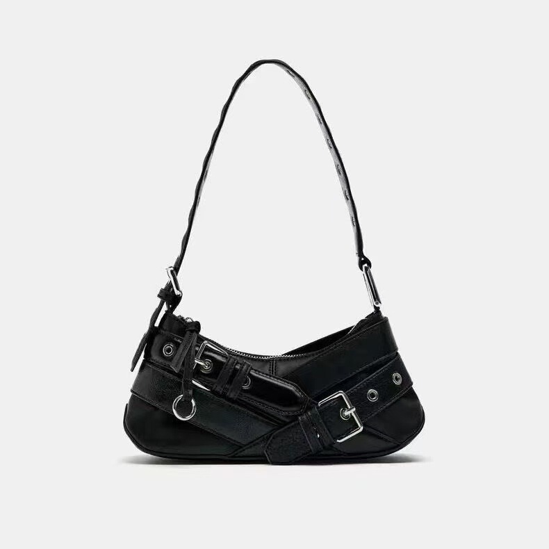 Cross-Border New Versatile Retro Brown Buckle-Decorated Underarm Bag, New Style Hot Girl Motorcycle Shoulder Bag