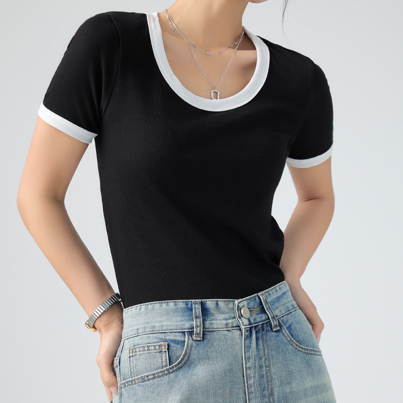 Camiseta de Verano para Mujer, Cuello Redondo, Manga Corta, Bloques de Color, Estilo Moderno, Imitación Algodón, Estilo Francés image 7