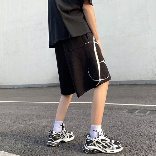 American street fashion brand knit letter jacquard five-pocket pants summer thin loose casual drawstring woolen shorts for men