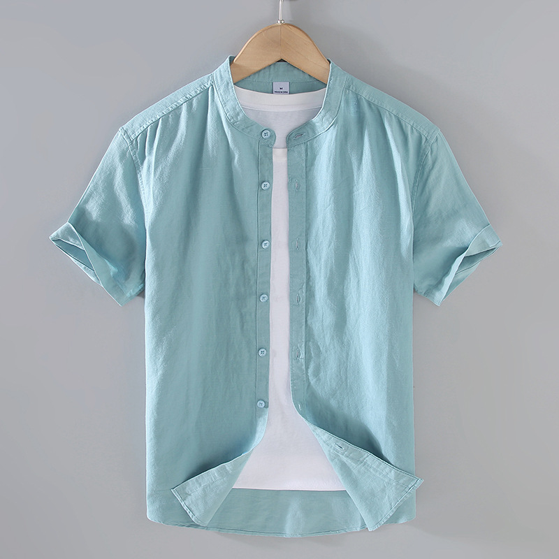 Camicia uomo maniche corte lino stile cinese collo alla coreana_voghion.com