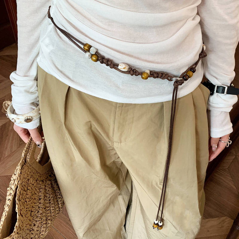 Retro Ethnic Style Hand-Woven Thin Waist Rope Women's Niche Beaded Skirt Jeans Brown Belt Accessories Trendy