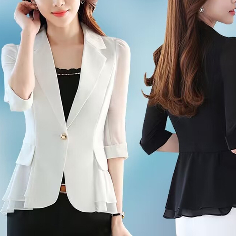 Saco Blazer Corto con Manga 3/4 para Mujer de Poliéster con Volantes