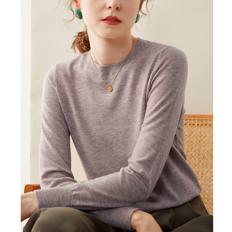 Merino Fine-Spun Ultra-Fine 100% Pure Wool Sweater for Women, Thin Round-Neck Pullover Knit Base Shirt 8818