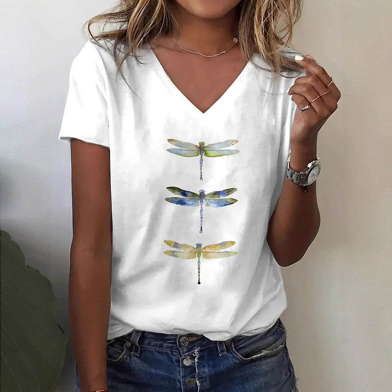 European and American Export Summer Women's T-Shirt V Neck Top Loose Lazy Style 3D Digital Printing Painted Graphics