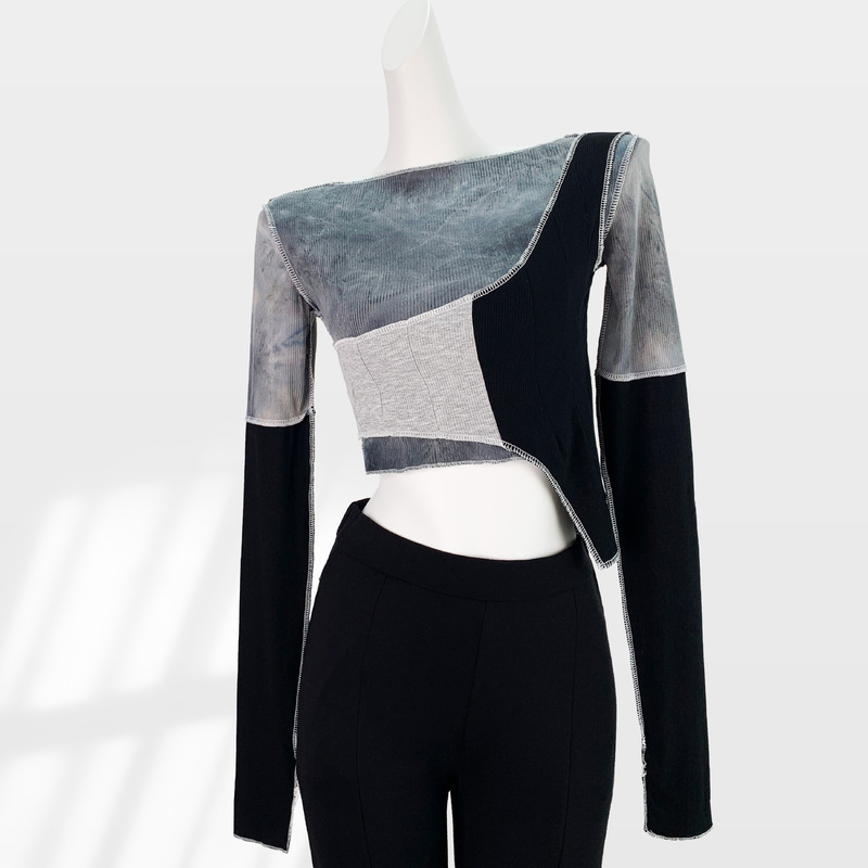 Great-looking design European and American style hot girl top tie-dyed stitching high waist short long sleeve T-shirt women's spring thirteen lines