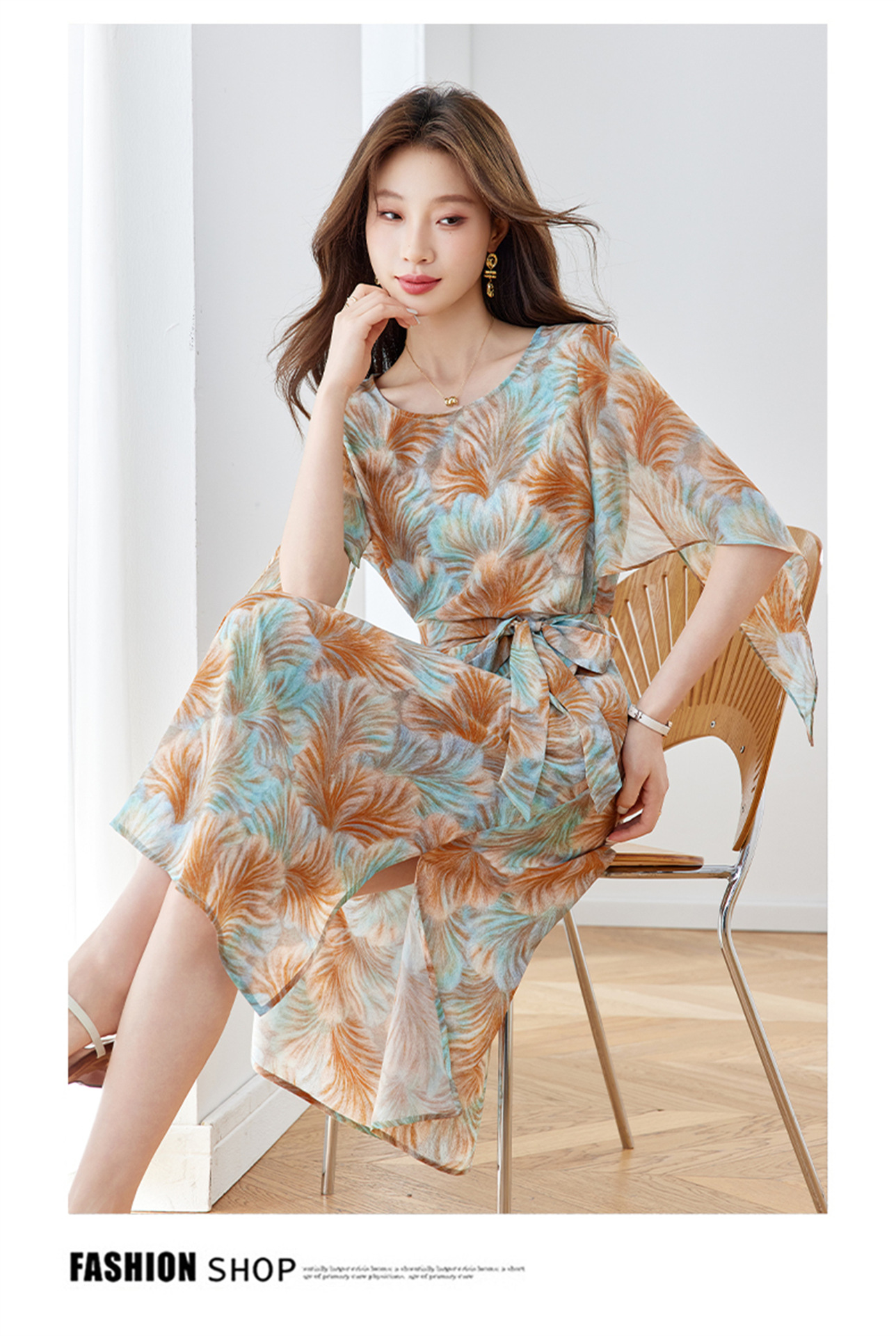 Đầm maxi nữ thắt eo in họa tiết hoa tay ngắn dáng suông che khuyết điểm — xanh lam, Màu hồng chi tiết 22