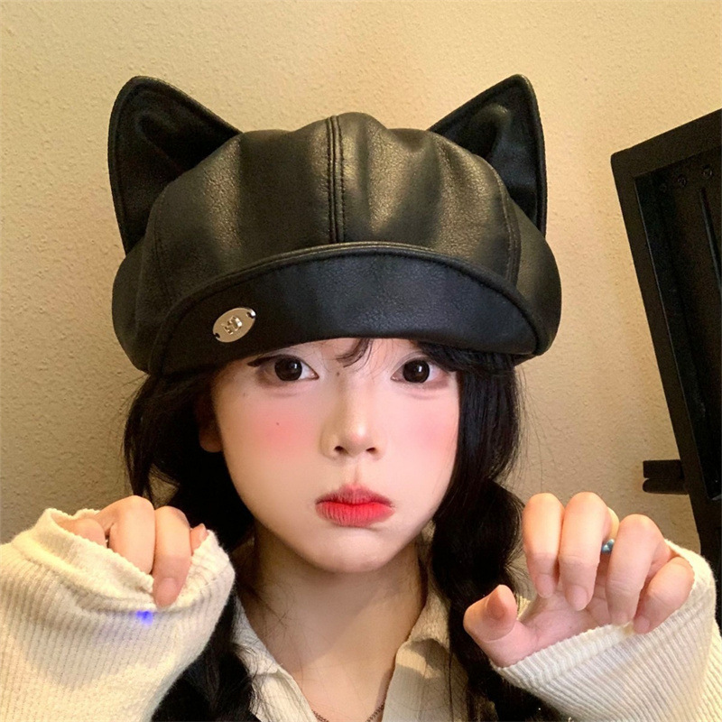 秋冬季新款复古pu皮质猫耳贝雷帽子女学院风文艺百搭显脸小画家帽|undefined