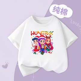 外贸圣诞Kpop猎魔女团男女儿童时尚印花纯棉T恤宽松休闲短袖上衣