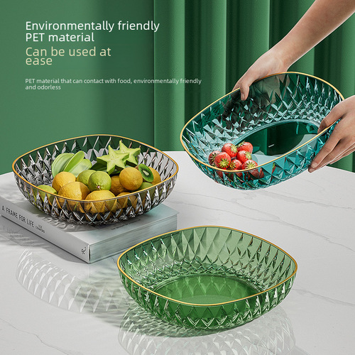 Light luxury diamond-patterned fruit plate, large-capacity transparent fruit tray for home use, plastic living room tray for dry fruits and snacks