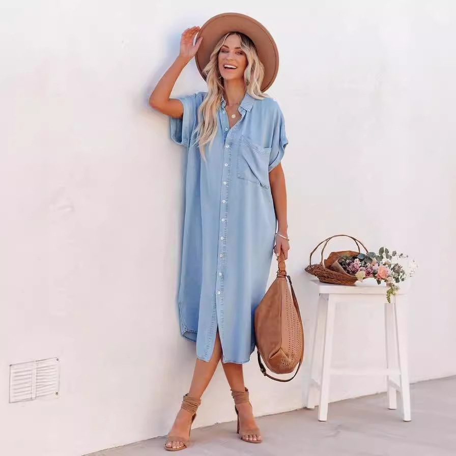 2026 Summer Cross-Border Women's Fashion New Amazon Solid Color Denim Short-Sleeve Long Slit Shirt Dress