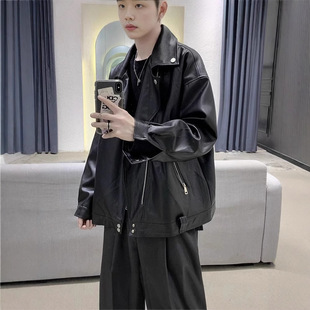 Motorcycle Style Leather Jacket Men's Ins Hong Kong Style Advanced Sense Loose Leather Clothes Autumn Fashion Brand Hip Hop High Street Jacket