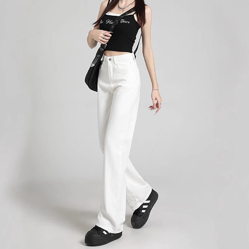 좁은 직선 흰색 청바지 여성의 2024 봄과 여름 높은 허리 작은 슬림 모양 넓은 다리 담그는 바지