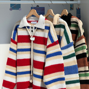 Japanese style rainbow striped polo collar sweater women's autumn and winter loose lazy style sweater top college style couple