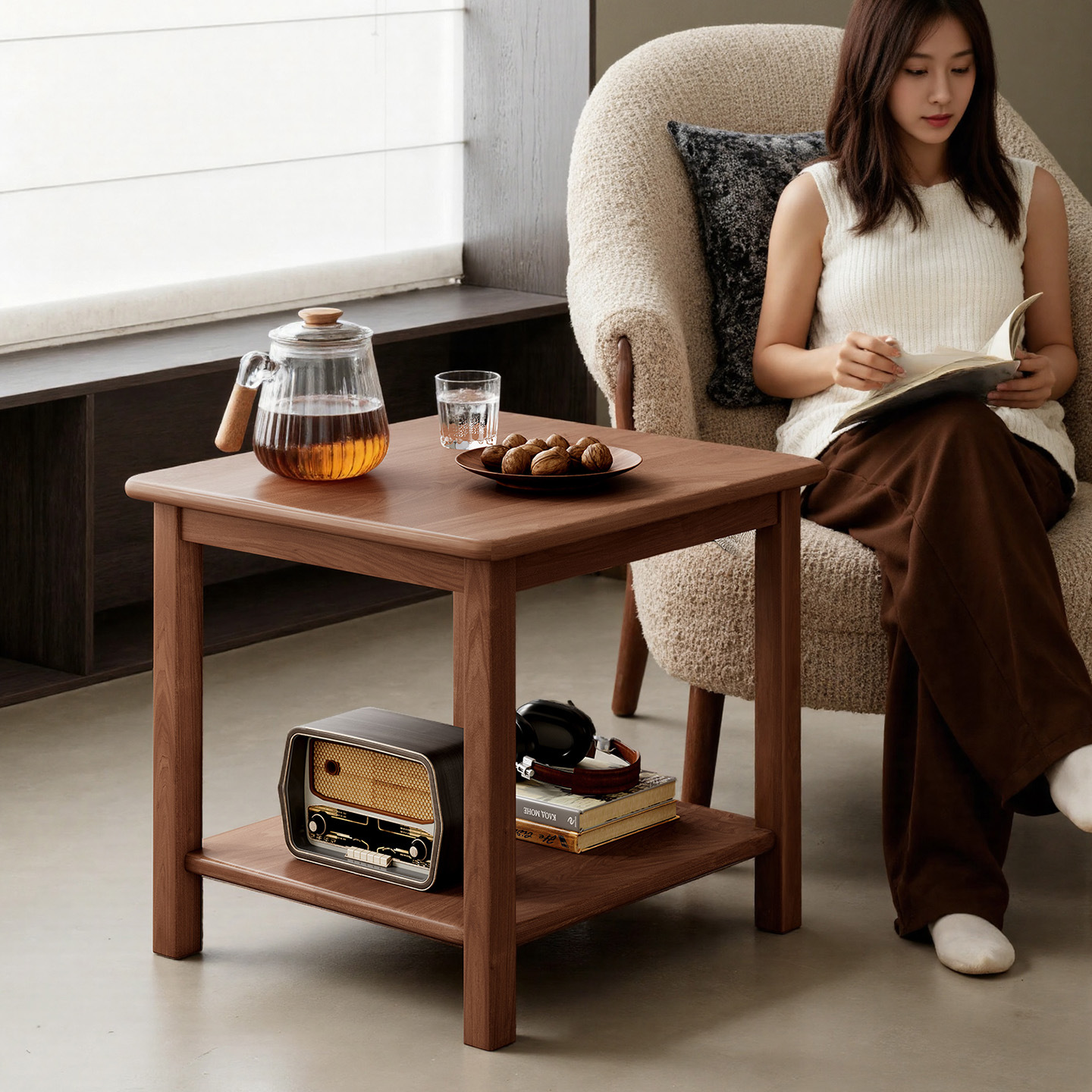 Sofa Side Table, Small Table, Living Room, Home, Antique Style Solid Wood Small Square Table, Balcony, Simple Square Double-Layer Small Coffee Table