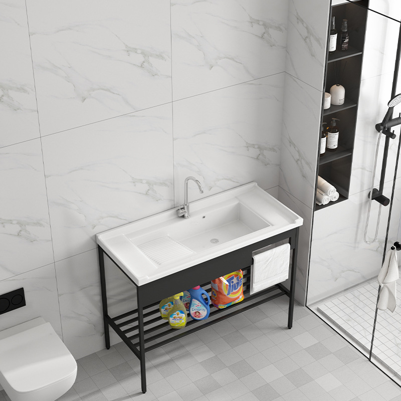 Armario negro de acero inoxidable de pie de piso lavabo balcón lavabo integrado de baño de cerámica con lavabo