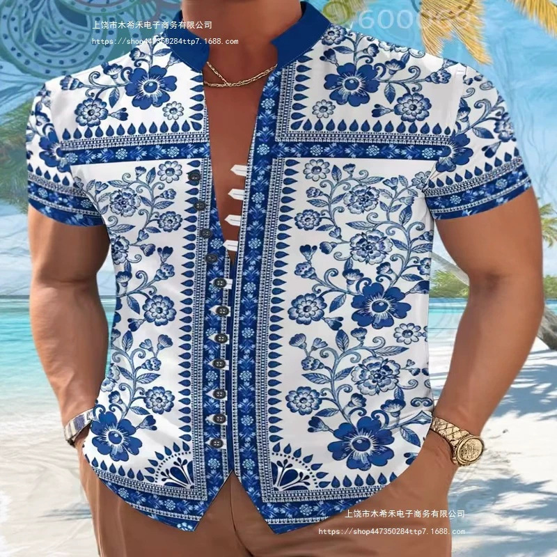 Men's 3D Printed Shirt, Fashionable Summer Casual Fresh New Style, Loose and Breathable with a Stand-Up Collar and Buttons Men's 3D Printed Shirt, Fashionable Summer Casual Fresh New Style, Loose and Breathable with a Stand-Up Collar and Buttons