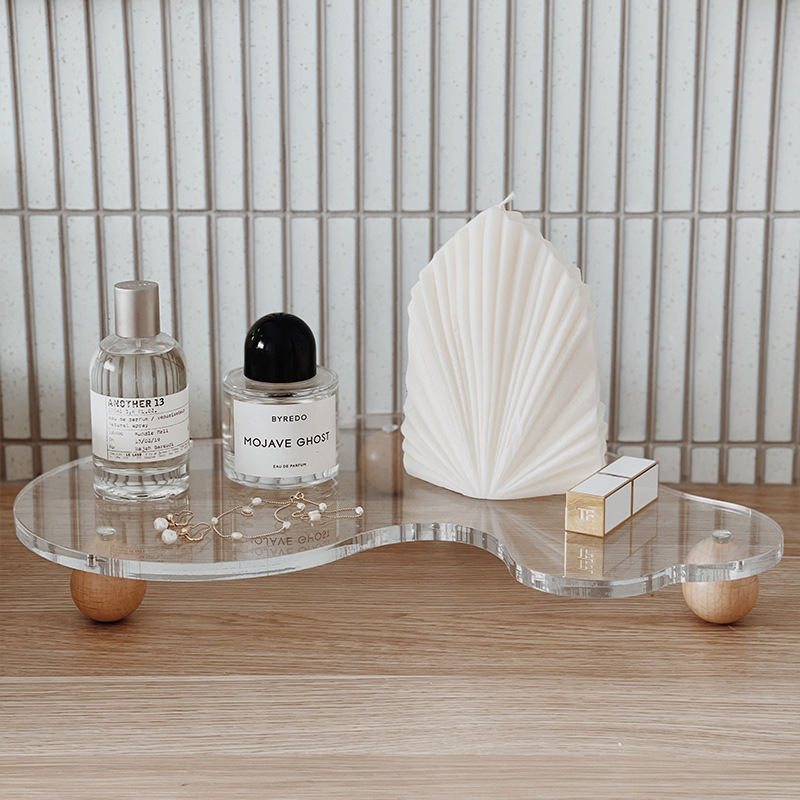 Bandeja de acrílico, vela de aromaterapia, joyería de perfume, soporte de exhibición, dormitorio, baño, lavabo, escritorio, estante de madera