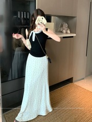 气质套装黑色蝴蝶结无袖背心上衣女夏季新款缎面波点半身裙两件套