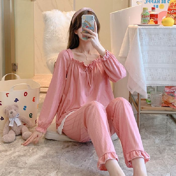 Al por mayor transfronterizo otoño nueva explosión imitación de algodón pozo rayas pantalones de manga larga pijamas princesa dulce ropa doméstica