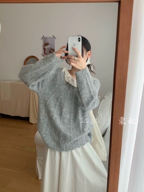 温柔风蕾丝拼接长袖针织衫女秋冬立体蝴蝶结打底毛衣软糯套头上衣|undefined