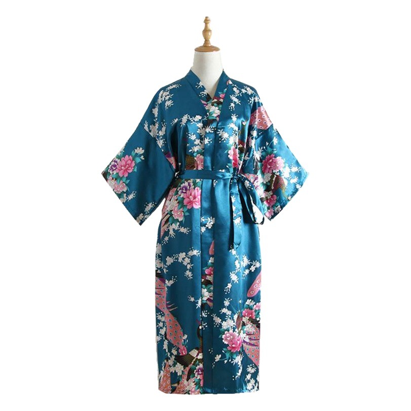 Comercio exterior transfronterizo de pavo real largo tamaño libre camisón seda artificial verano solo kimono japonés bata abierta