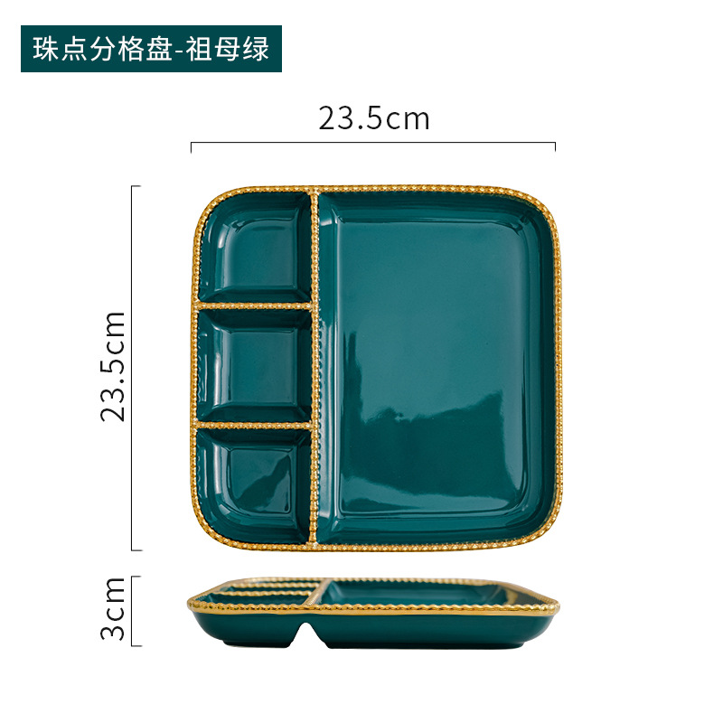 Estilo ins borde dorado con plato de vinagre Placa de dumpling hogar plato de merienda de tres rejillas de cerámica para una persona plato de desayuno de rejilla creativa