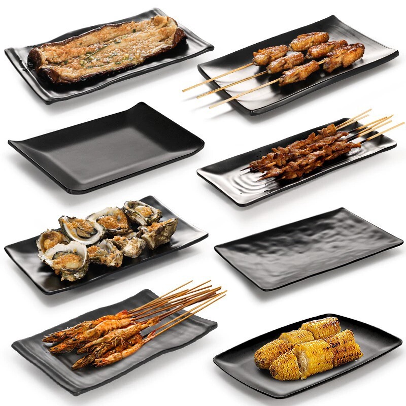 Special plate for melamine barbecue shop Commercial Japanese tableware Plastic rectangular black barbecue plate Hot Pot restaurant dish Special plate for melamine barbecue shop Commercial Japanese tableware Plastic rectangular black barbecue plate Hot Pot restaurant dish