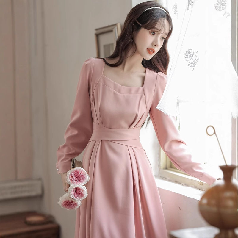 Spring Long Sleeve Square Collar dress Women's Tight Waist Slimming Formal Midi Dress