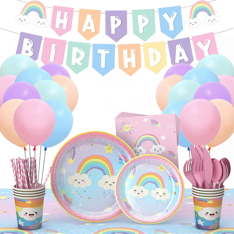 Amazon macaron Rainbow Tema de cumpleaños de los niños Placa de papel desechable taza de papel suministros de fiesta traje