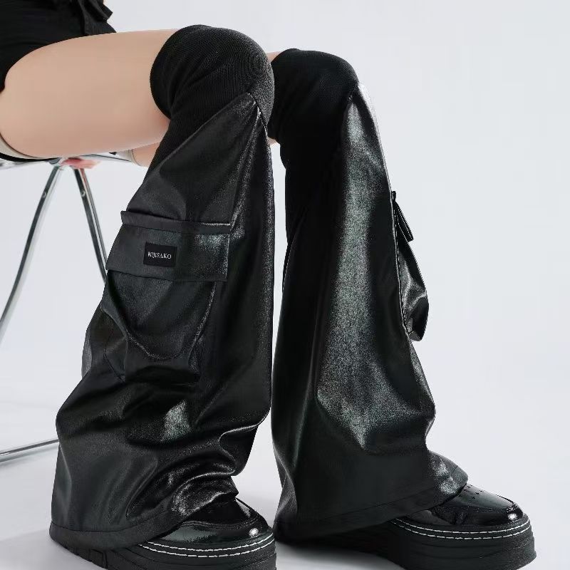 Leather Leg Warmers Dark Style Ribbed Leather Splicing Three-Dimensional Pocket Functional Style Over-The-Knee Socks for Women Ins Trend