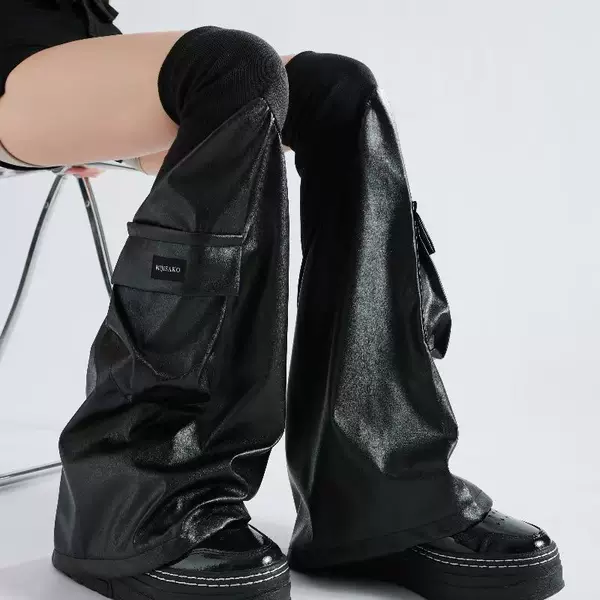 Leather Leg Warmers Dark Style Ribbed Leather Splicing Three-Dimensional Pocket Functional Style Over-The-Knee Socks for Women Ins Trend