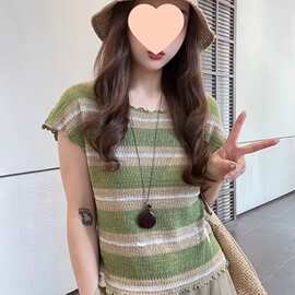 夏季清新休闲显瘦边条纹针织衫上衣绿色源头工厂有吊牌肩带款