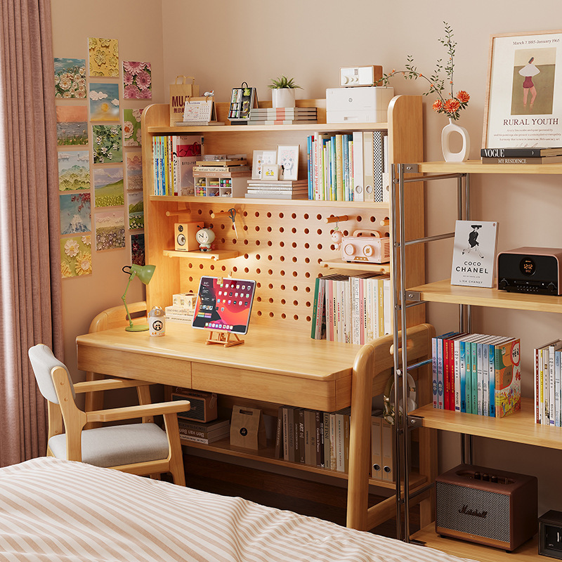 Solid Wood Desk with Perforated Board Bookshelf, Bedroom Desk for High School Students, Nordic Style Adjustable Computer Desk with Drawers