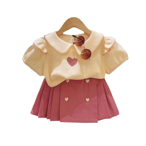 Korean version of children's clothing, girls' summer clothing, small fragrance suit, fashionable and stylish children's tops, skirts and pants, solid color internet celebrity two-piece set