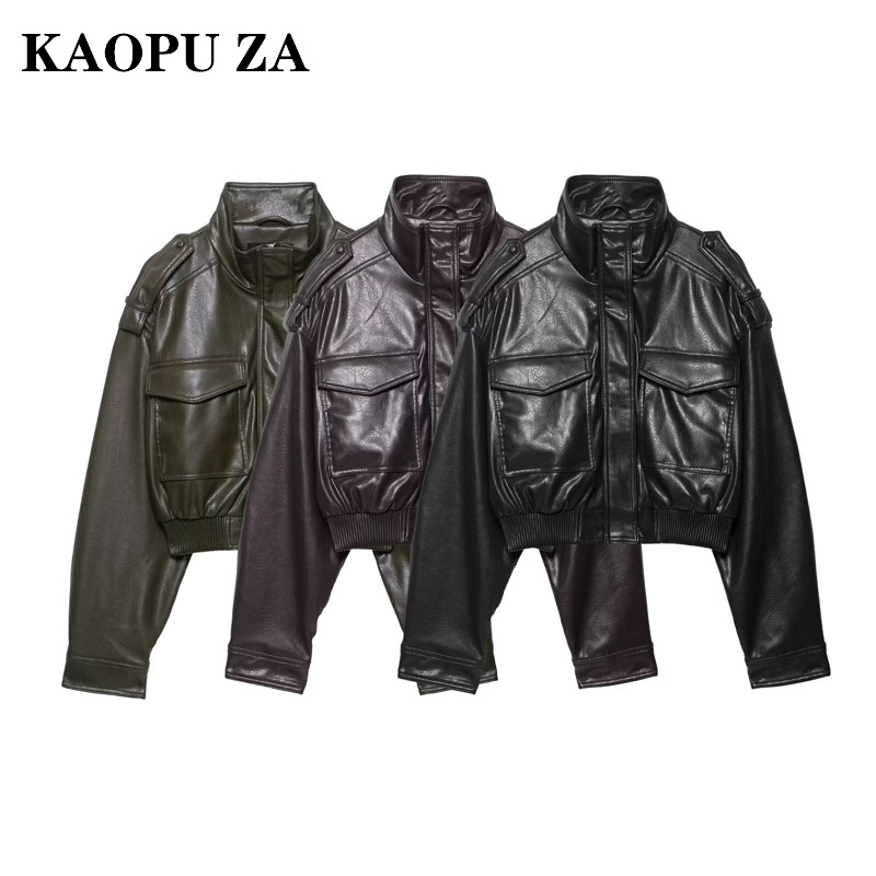 Kaopu Za 2025 New Autum Women's Fashion Casual Long-Sleeved Stand-Up Collar Leather Jacket Jacket
