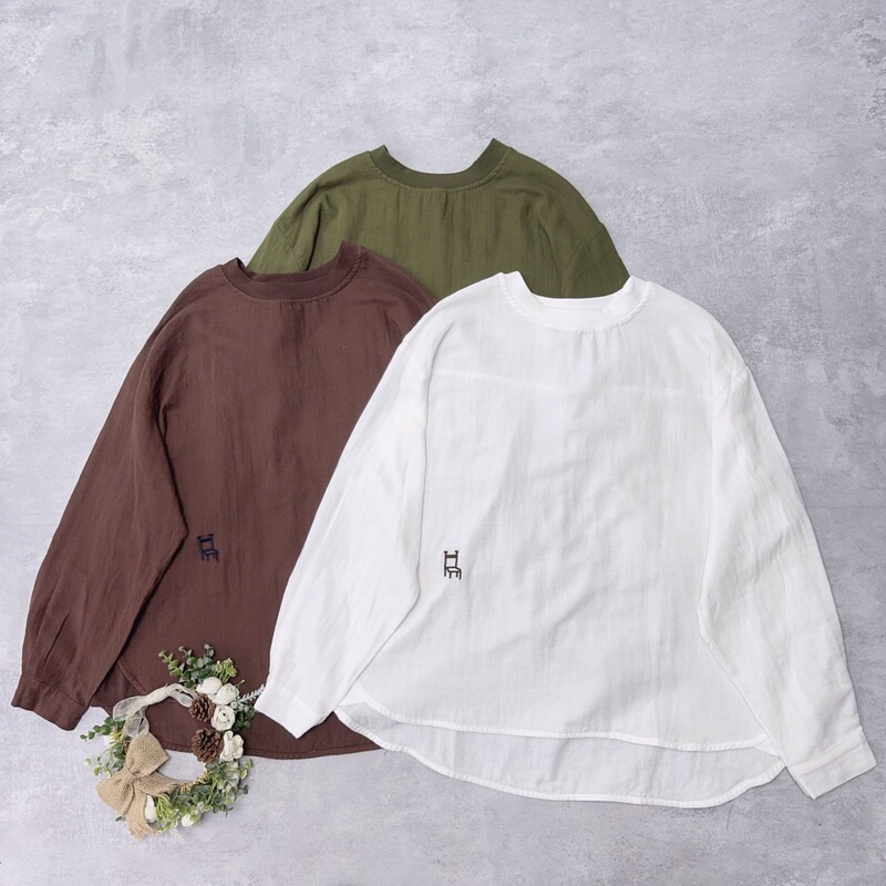 Japanese-Style Embroidered Chair Ribbed Neckline Double-Layer Gauze Top Autumn New Versatile Niche Design Cotton Gauze Blouse